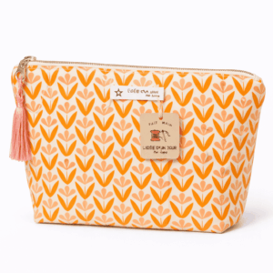trousse m orange motif graphique fermeture zip maquillage de face