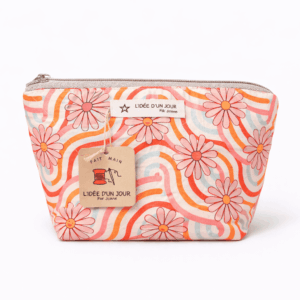 trousse m fleurie retro rose et orange fermeture zip maquillage de face