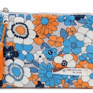 pochette xs fleurie bleu et orange fermeture zip