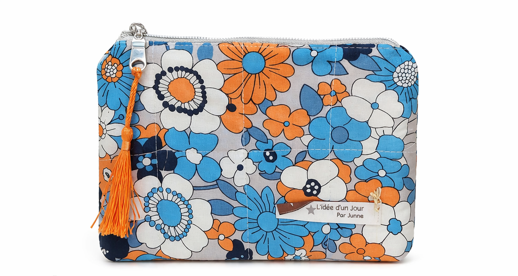 pochette xs fleurie bleu et orange fermeture zip