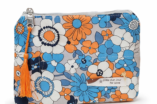 Pochette XS Fleurie Bleue et Orange – Pochette zippée colorée et tendance – Image 2